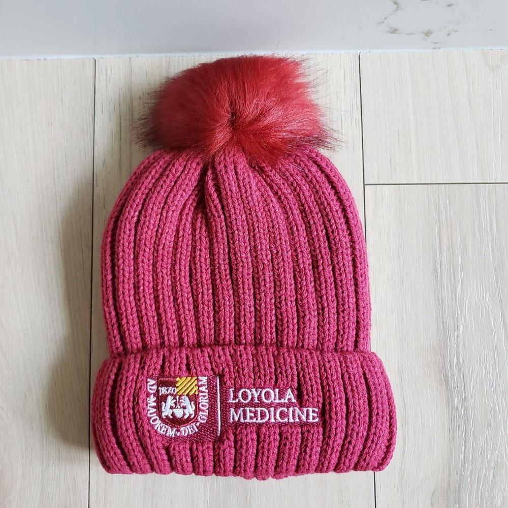 Positive Promotions Hat Beanie Pink Knit Fur Pom Loyola Medicine